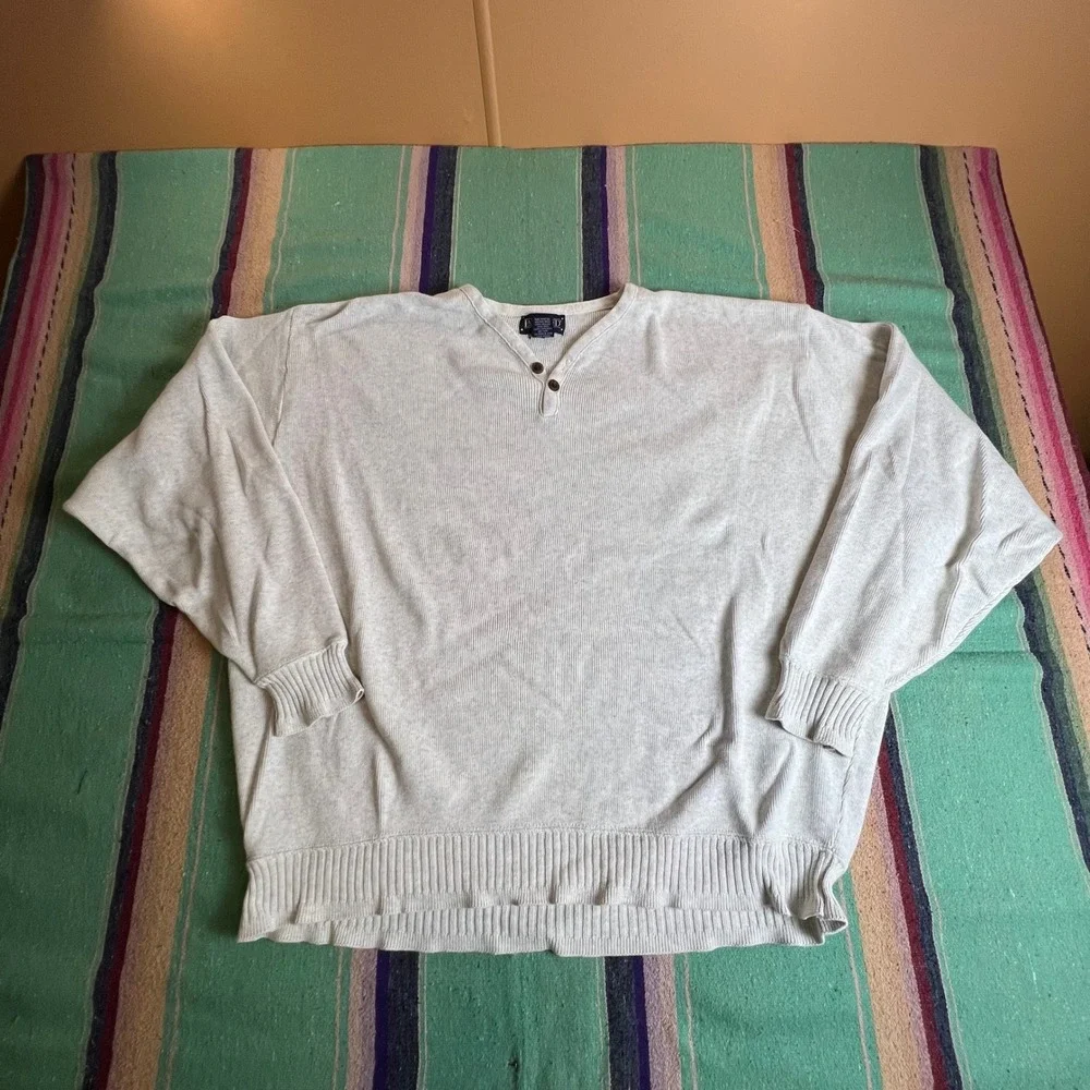 Lands End Henley Sweater Mens L Gray Cotton Ribbed Knit Made in USA Vintage